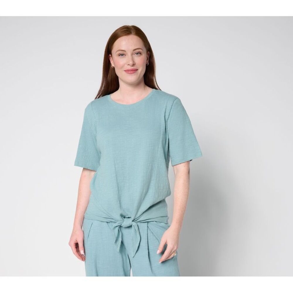 Anybody Women's Top Sz XL Crinkle Knit Jersey Tie Front Tee Blue A697152
